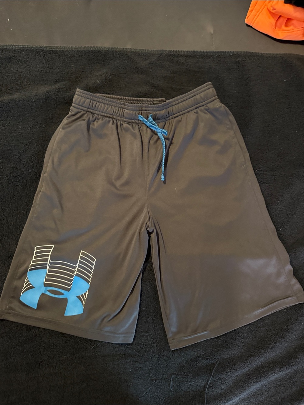 Under Armour Men’s Black Athletic Shorts with Blue Logo and Drawstring